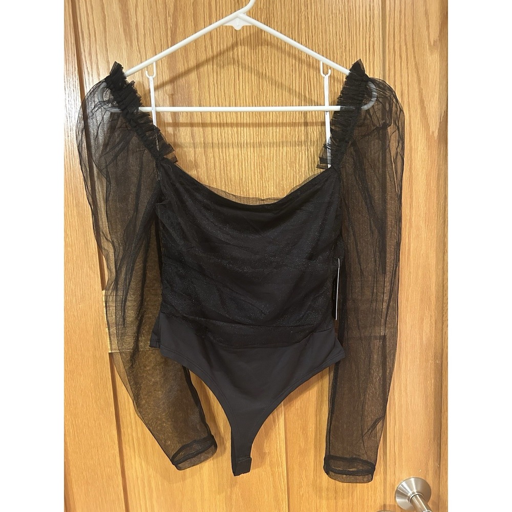 NEW Lulu's Mesh Tulle Sheer Overlay Black Bodysuit Ruffle Trim Women's XS